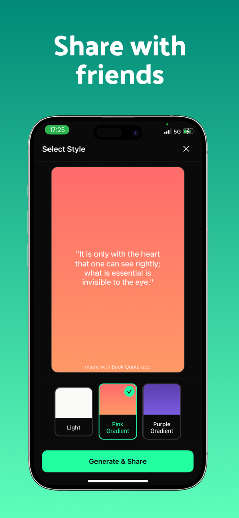 Mobile app interface for styling and sharing book quotes with aesthetic gradient backgrounds.