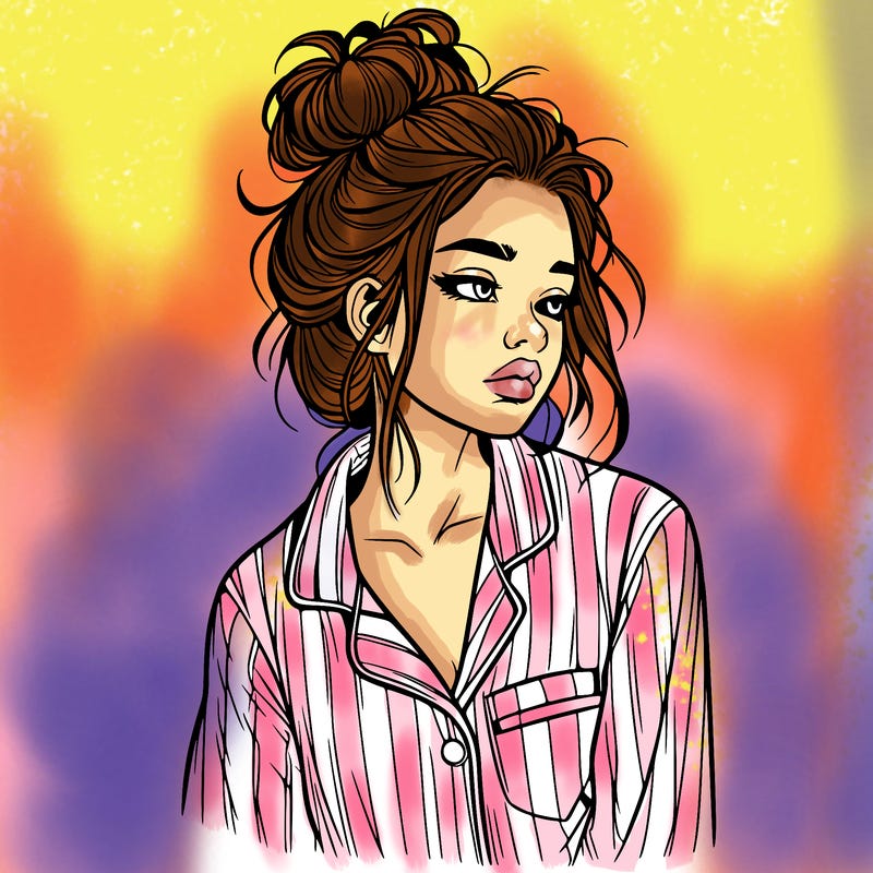 realistic woman with pajamas on and a messy bun