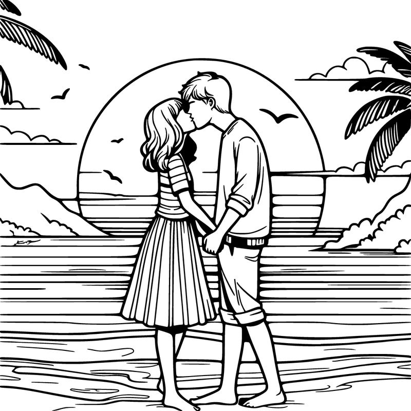 people kissing in the sunset on the beach realistic