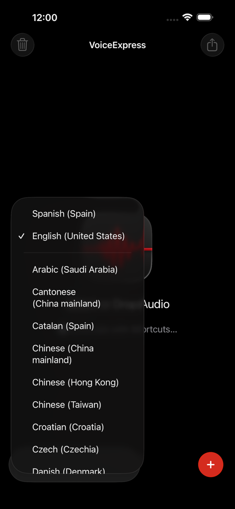 Interfaccia dell'app VoiceExpress che mostra un elenco di lingue supportate per la trascrizione da audio a testo con selezionato inglese Stati Uniti.