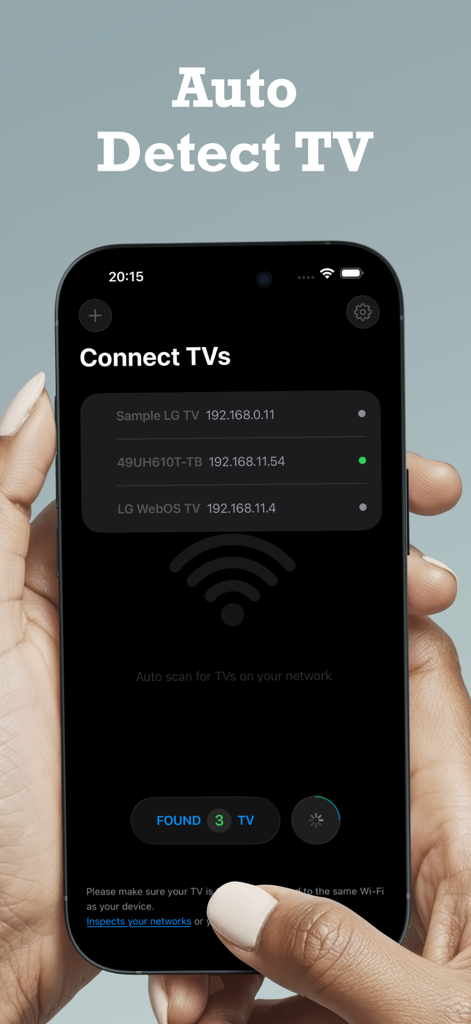 Remote Plus - Smart TV Remote - Ein Smartphone, das die automatische TV-Erkennungsfunktion der Remote Plus App zum Verbinden von Smart-Geräten anzeigt