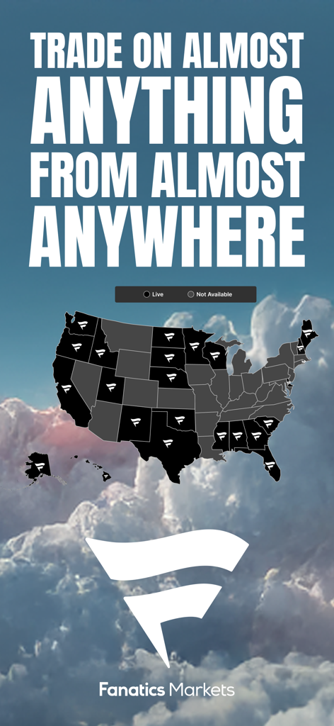 Fanatics Markets: Trade Sports - A US map showing live states for Fanatics Markets with the tagline Trade on almost anything from almost anywhere