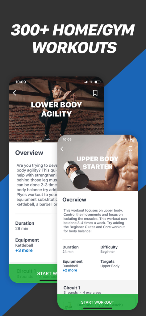 Screenshot of Fitness Buddy app showing diverse workout plans for home and gym including upper and lower body routines