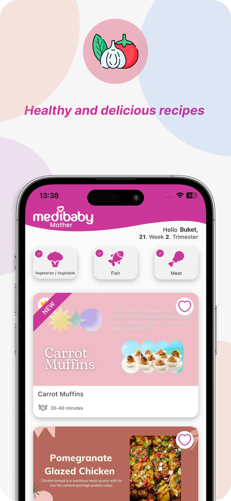 MediBaby—Pregnancy Tracker App - Healthy and delicious recipes screen from the MediBaby pregnancy tracker app showing various dietary categories and meal suggestions.