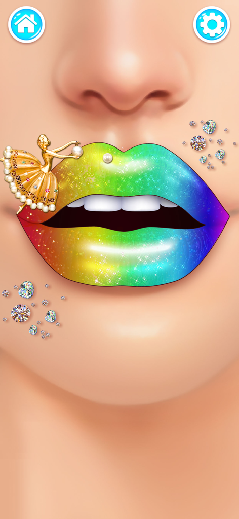 A creative lip art design featuring rainbow colors and a golden ballerina jewel