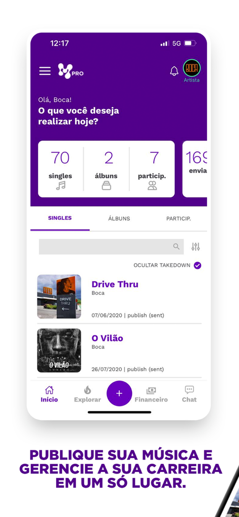 MusicPro - Interface of MusicPro app showing artist dashboard with music distribution statistics and released singles