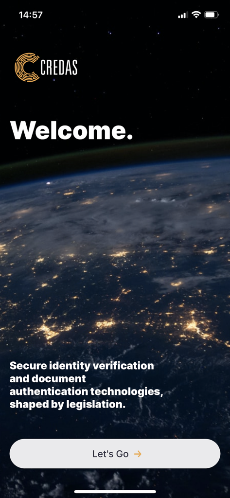 Credas - Credas app welcome screen for secure identity verification and document authentication