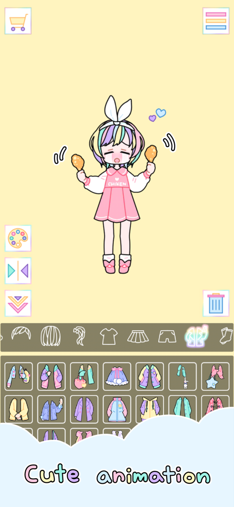 Pastel Girl - A cute character with rainbow hair and pastel clothes in the Pastel Girl dress up game interface