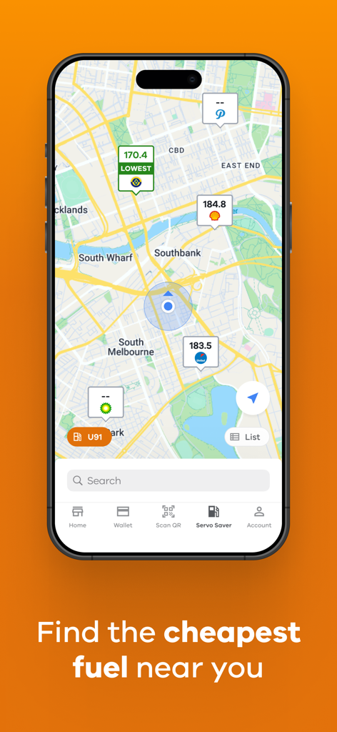 A mobile app interface displaying a map with fuel prices at various petrol stations in Melbourne.