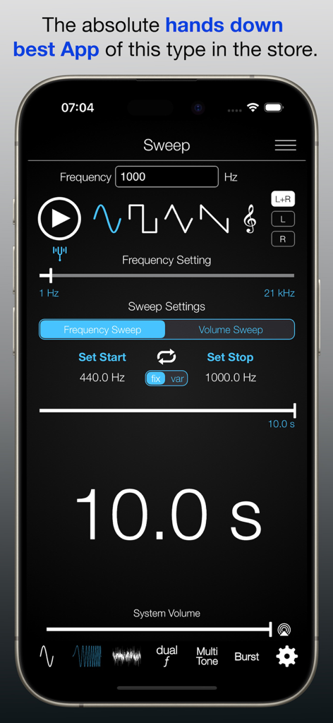Interfaz de la aplicación Audio Function Generator PRO que muestra la configuración de barrido de frecuencia y la selección de forma de onda en la pantalla de un smartphone.