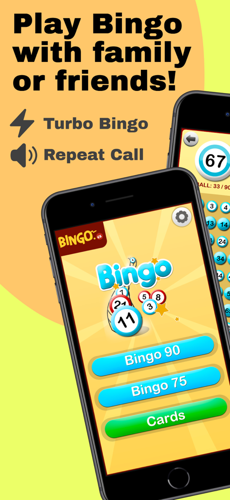 Bingo at Home - Main menu and game screen of the Bingo at Home app on two smartphones