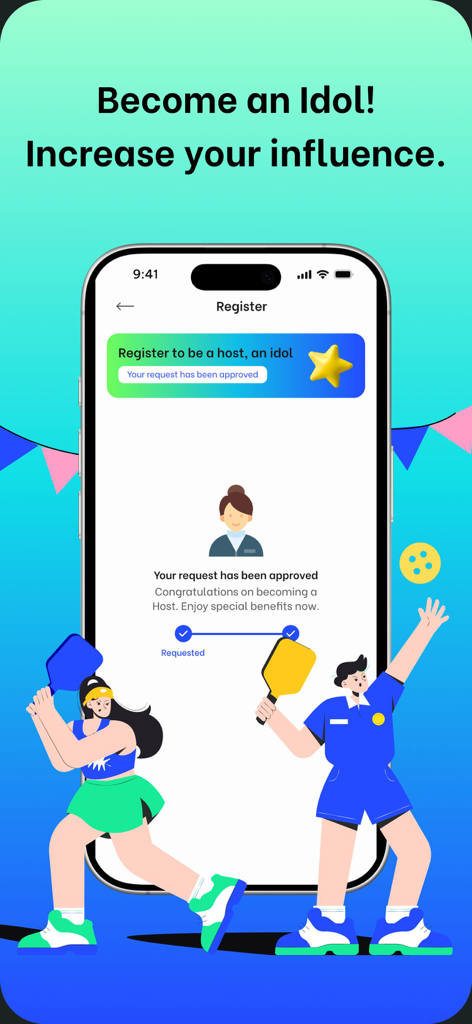 Wow Sport app screen showing a successful host and idol registration message with pickleball characters