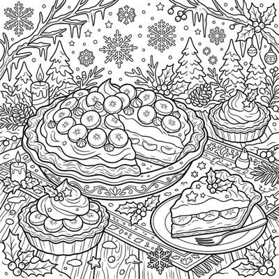 Indulge in a sweet coloring escape with this charming banana cream pie scene, beautifully adorned for winter. Enjoy bringing vibrant life to creamy desserts and frosty festive decorations.
