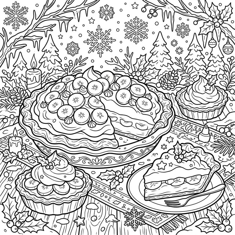 Indulge in a sweet coloring escape with this charming banana cream pie scene, beautifully adorned for winter. Enjoy bringing vibrant life to creamy desserts and frosty festive decorations.
