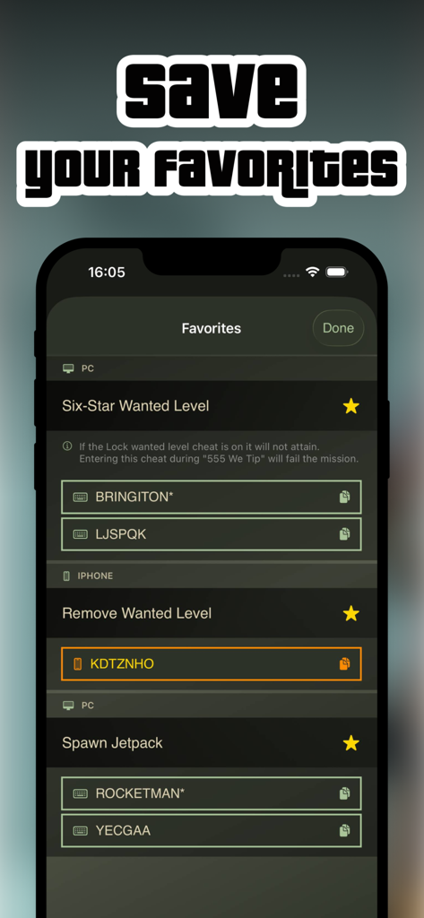 Schermata dei preferiti dell'app Trucchi GTA San Andreas che mostra codici salvati per PC e iPhone