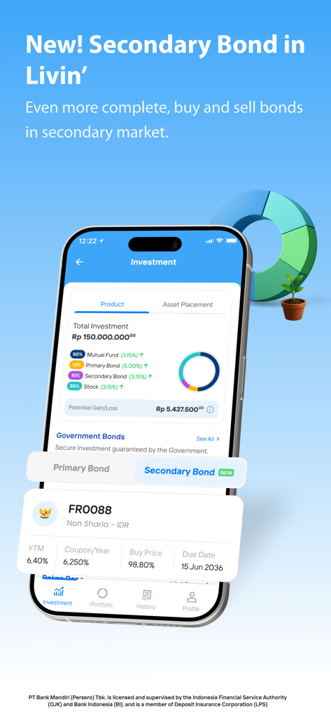 Livin' by Mandiri - Livin by Mandiriモバイルアプリの画面に、投資ポートフォリオとセカンダリー債券取引機能を表示