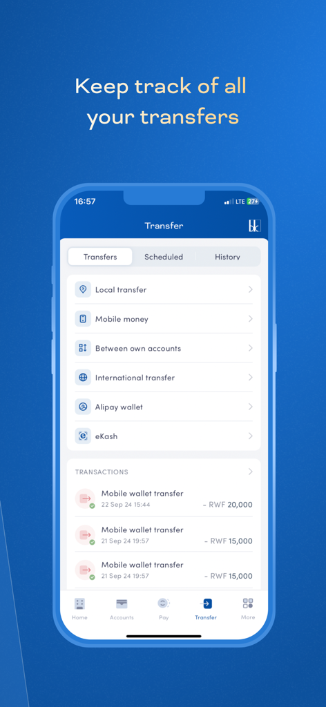 Bank of Kigali Mobile Banking - Bank of Kigali mobile app transfer interface showing options for local, international, and mobile money transfers