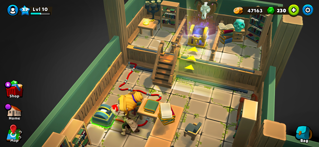 Mystery Town: Adventure games - A detective character solving a 3D puzzle in a mysterious library with a glowing treasure chest in Mystery Town Adventure