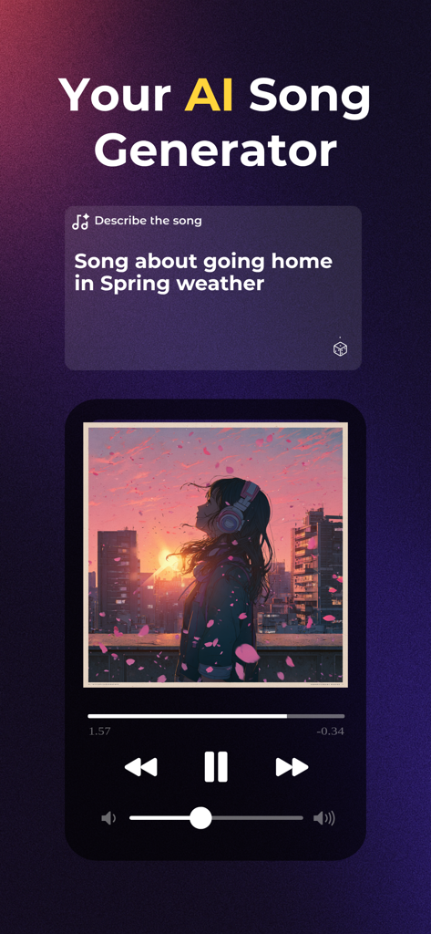 Sing AI: Cover Songs & Music - Sing AI app interface showing an AI song generation prompt and music player