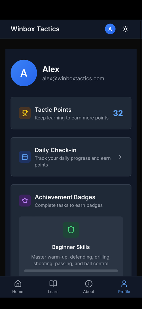 Winbox Tactics - Pantalla de perfil de usuario de Winbox Tactics mostrando puntos de táctica e insignias de logros
