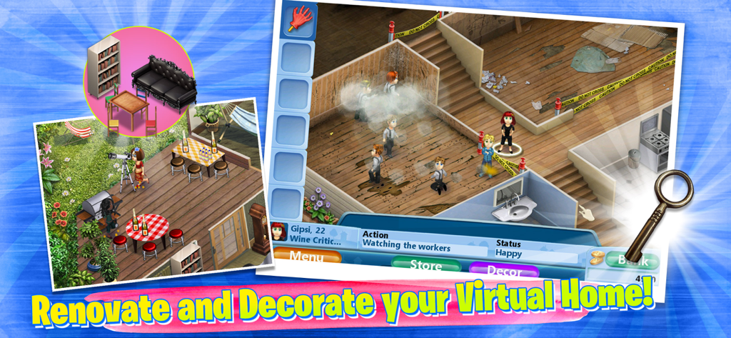 Virtual Families 2 Dream House - Captura de pantalla del juego de Virtual Families 2 que muestra a los personajes renovando y decorando una casa virtual.