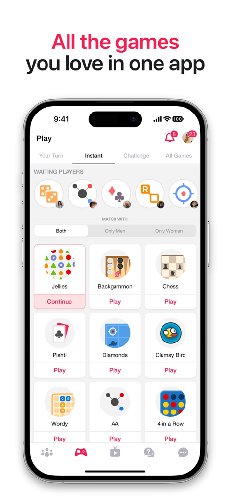Sociable - Video Chat & Games - Interface of the Sociable app showing a library of multiplayer games including Chess, Backgammon, and Jellies
