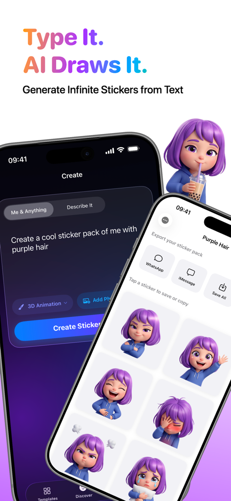 StickerVerse: AI Sticker Maker - StickerVerse mobile app interface showing 3D avatar stickers of a girl with purple hair generated from a text prompt