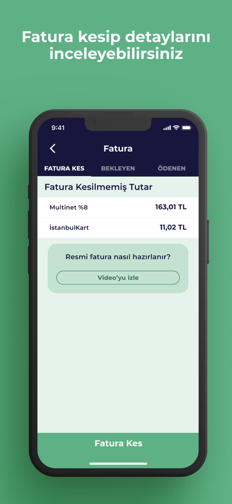 MultiPOS mobile app screen showing the invoice management section with billing details for Multinet and IstanbulKart payments.