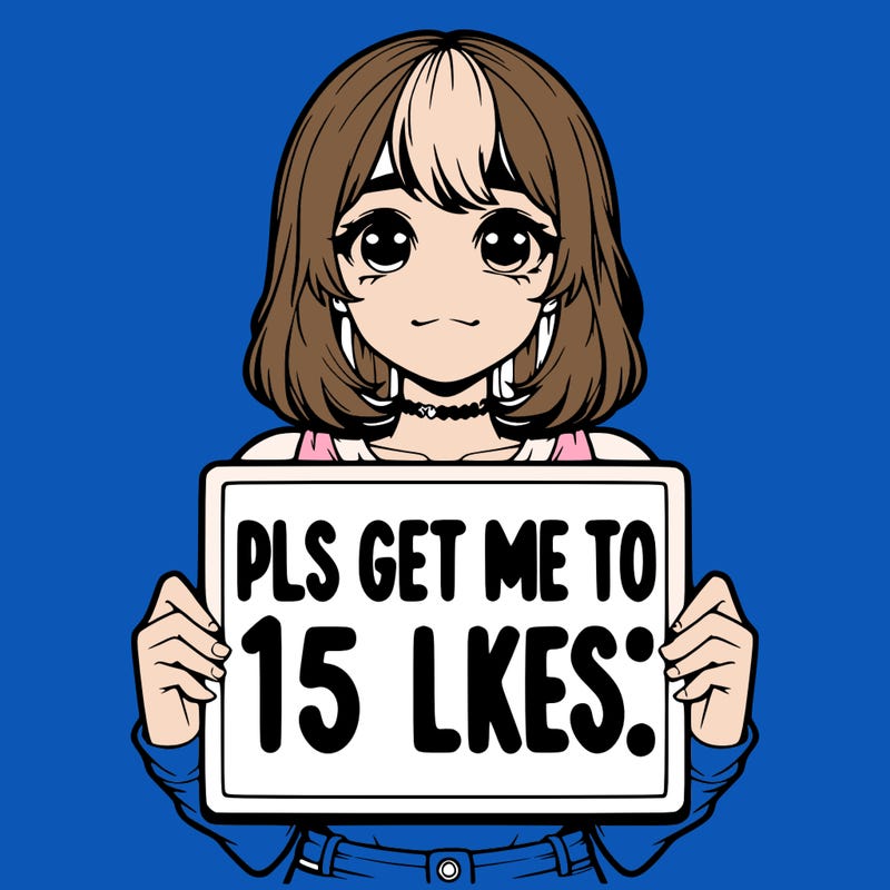 realistic girl holding up a sign that says “pls get me to 15 likes!”