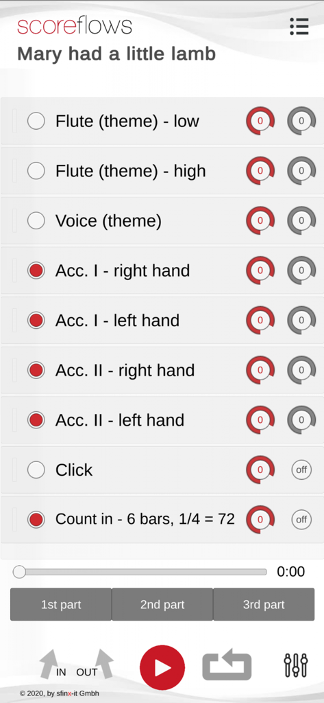 scoreflows player - Interface of the scoreflows player app showing multiple instrument tracks for practicing Mary had a little lamb