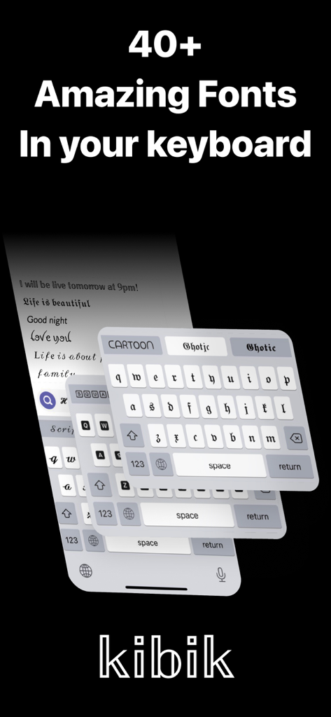 Keyboard Fonts++ | Kibik - Interface of Kibik app displaying over 40 amazing custom keyboard fonts.