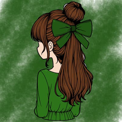 realistic girl  with hip length hair a bun and a big bow on the back of head