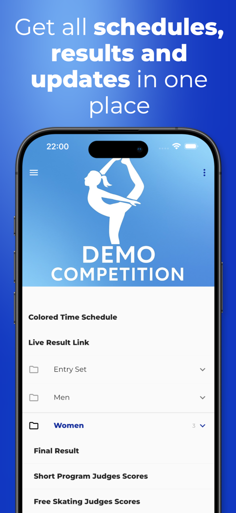 ISU Events - ISU Events app interface displaying competition schedules and skating results
