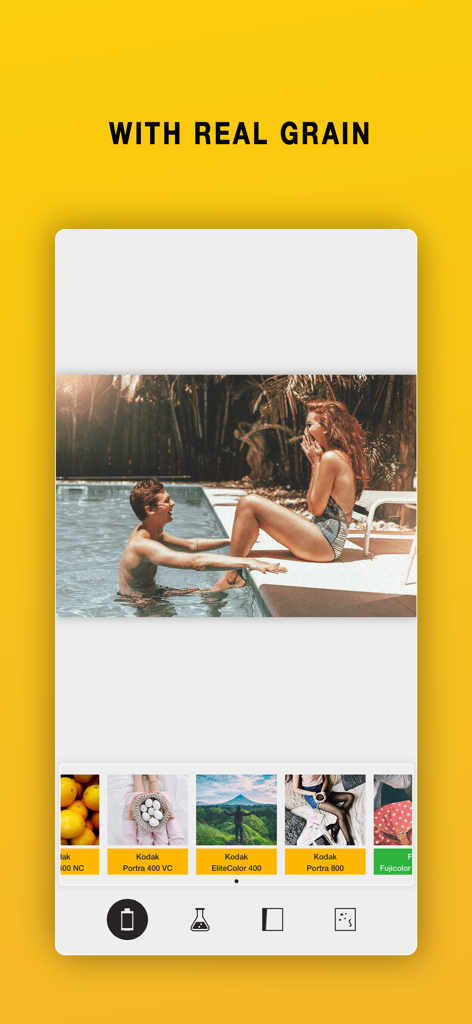 Interface of the I Love Film app featuring a pool photo edited with real grain and vintage Kodak film stock simulations