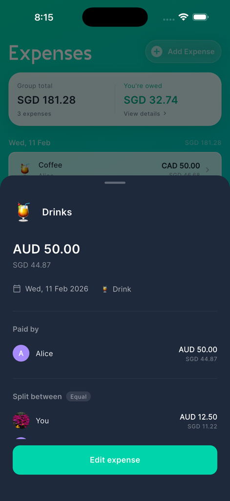 Oddysee - The Oddysee app interface showing a detailed view of a group travel expense for drinks being split among friends.