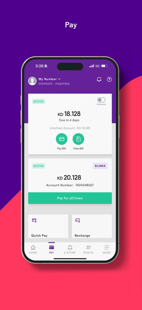 my stc KW - Mobile interface of my stc KW app showing postpaid bill payment and multiple line management