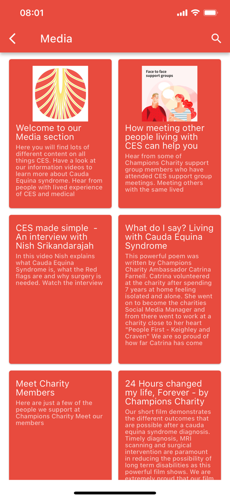CaudaEquina - Media resources section in the Cauda Equina app showing educational content and support stories.