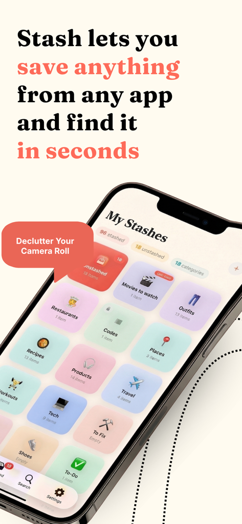 Stash Anything: Save & Sort - Stash Anything app interface showing organized categories like recipes products and outfits to declutter your camera roll