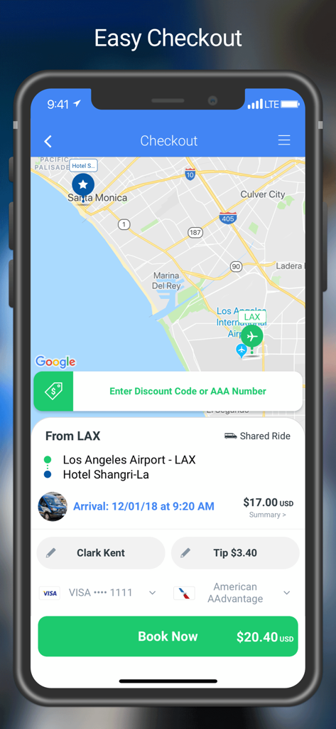SuperShuttle - Pantalla de pago de la aplicación SuperShuttle que muestra la reserva de un viaje de LAX a Santa Mónica con precio fijo y vista de mapa