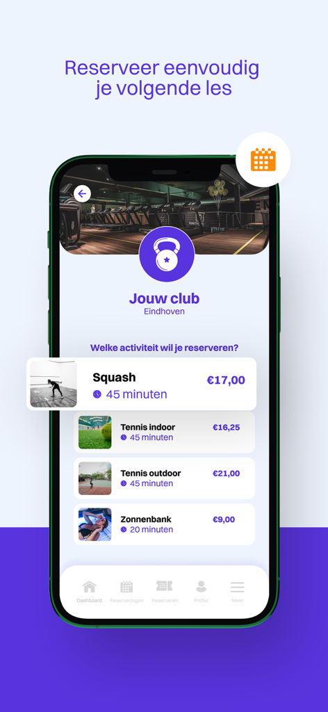 Dewi Online - Interface do aplicativo móvel Dewi Online mostrando uma seleção de atividades esportivas para reservar, incluindo squash e tênis com preços