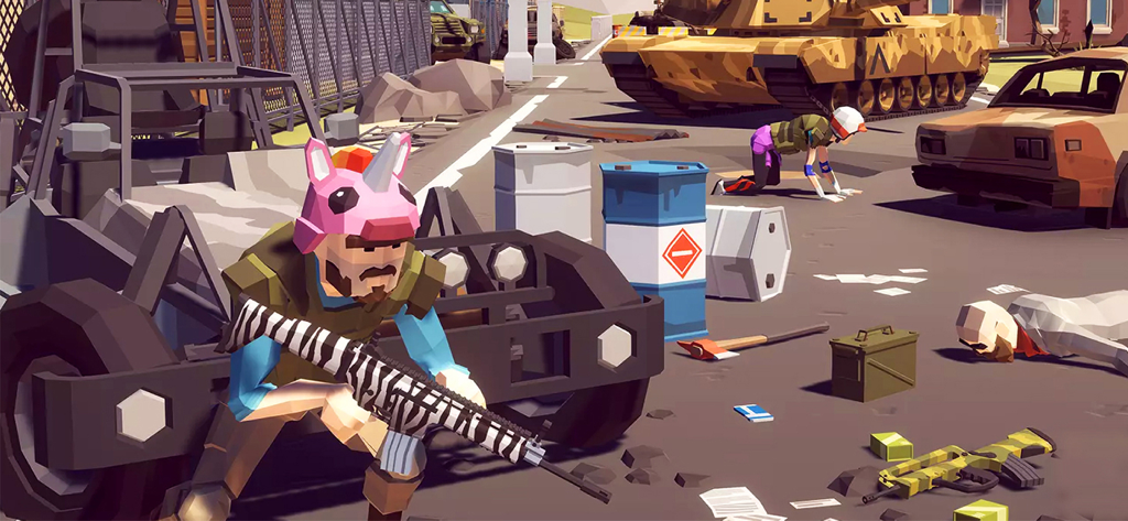 Battle Island:Pixel PvP FPS - Low poly character with a pink unicorn mask and zebra rifle in a pixelated battle royale scene with a tank and vehicles.