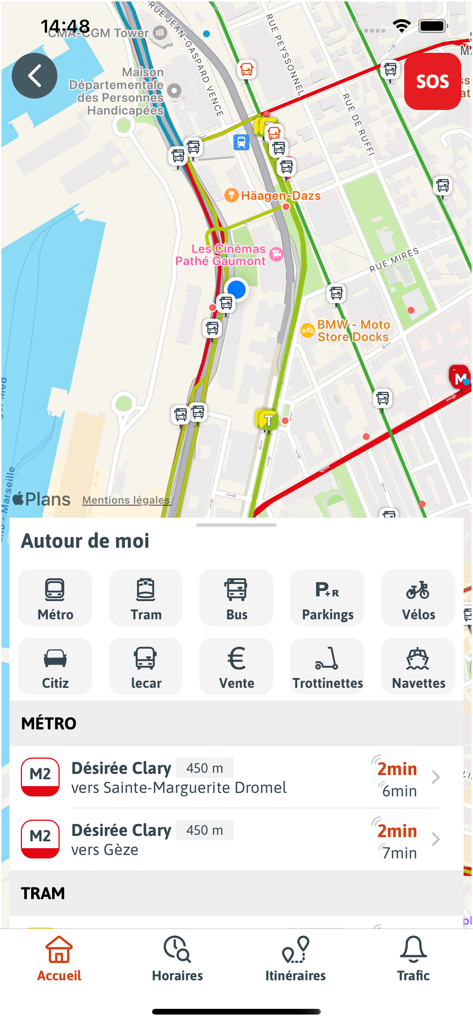 RTM - Interface de l'application RTM montrant une carte des transports en temps réel et des options de transport multimodal à Marseille.