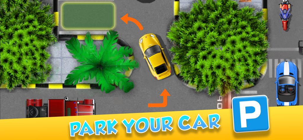 Top down view of a yellow sports car navigating to a designated parking spot in a city lot