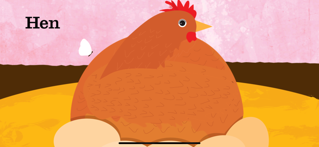 Peekaboo Barn :Peek-a-Zoo Farm - A hand-drawn illustration of a brown hen sitting on a nest of eggs with a white butterfly