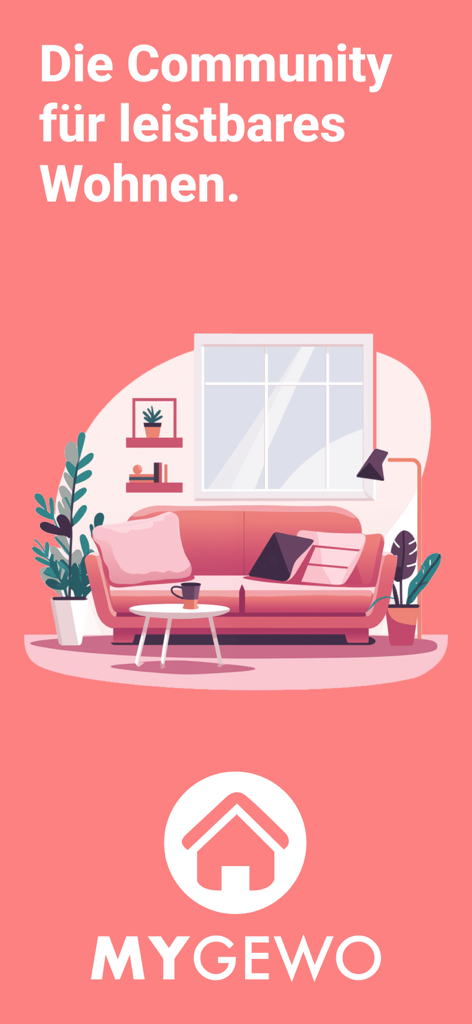 MyGEWO - Schermata introduttiva dell'app MyGEWO con un'illustrazione di un soggiorno accogliente e testo in tedesco per la community di alloggi a prezzi accessibili