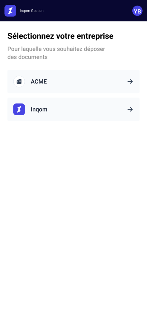 Company selection screen in the Inqom mobile app allowing users to choose a business for document upload.