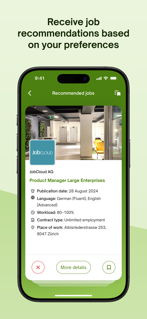 jobup.ch – Job Search - 제품 관리자 직책에 대한 개인화된 채용 추천을 보여주는 jobup.ch의 모바일 앱 인터페이스