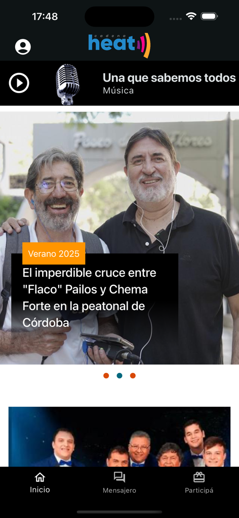 Captura de pantalla de la aplicación móvil Cadena Heat mostrando la pantalla de inicio con un artículo de noticias sobre personalidades locales en Córdoba, Argentina.