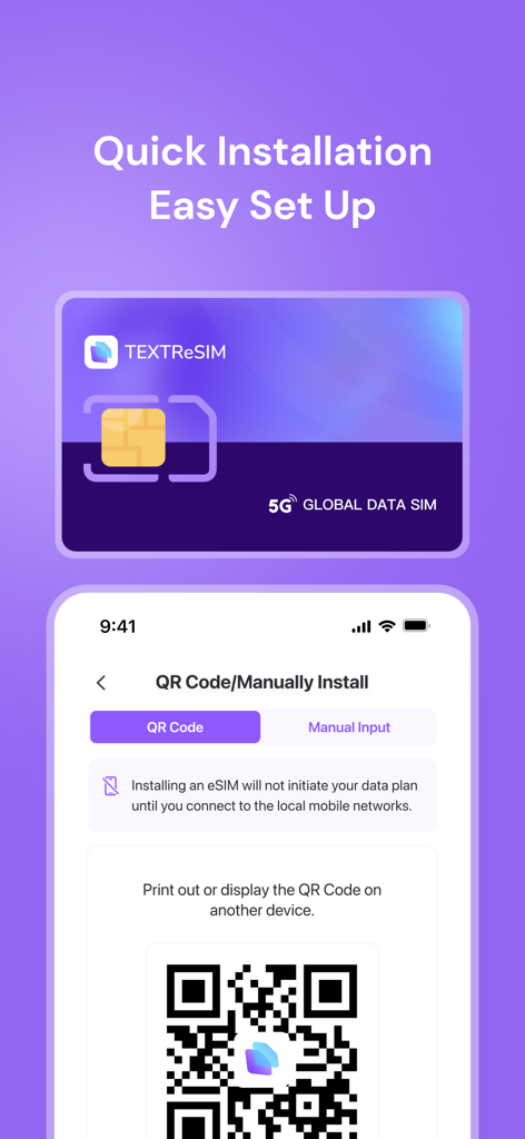 Textr eSIM: Travel Mobile Data - Interface of the Textr eSIM app showing a quick installation process with a QR code for easy setup.
