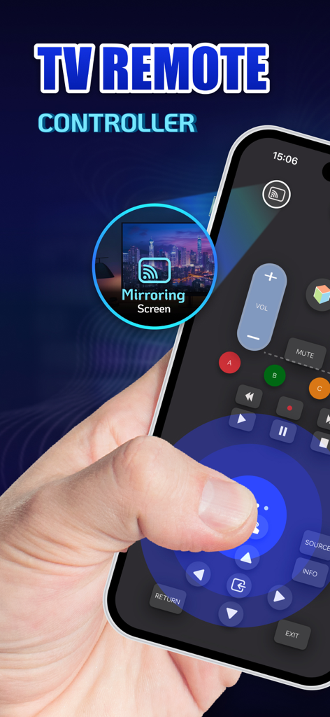 Remote for Samsung TV. - Una persona che usa un'app di telecomando virtuale per TV su un iPhone con funzionalità di screen mirroring